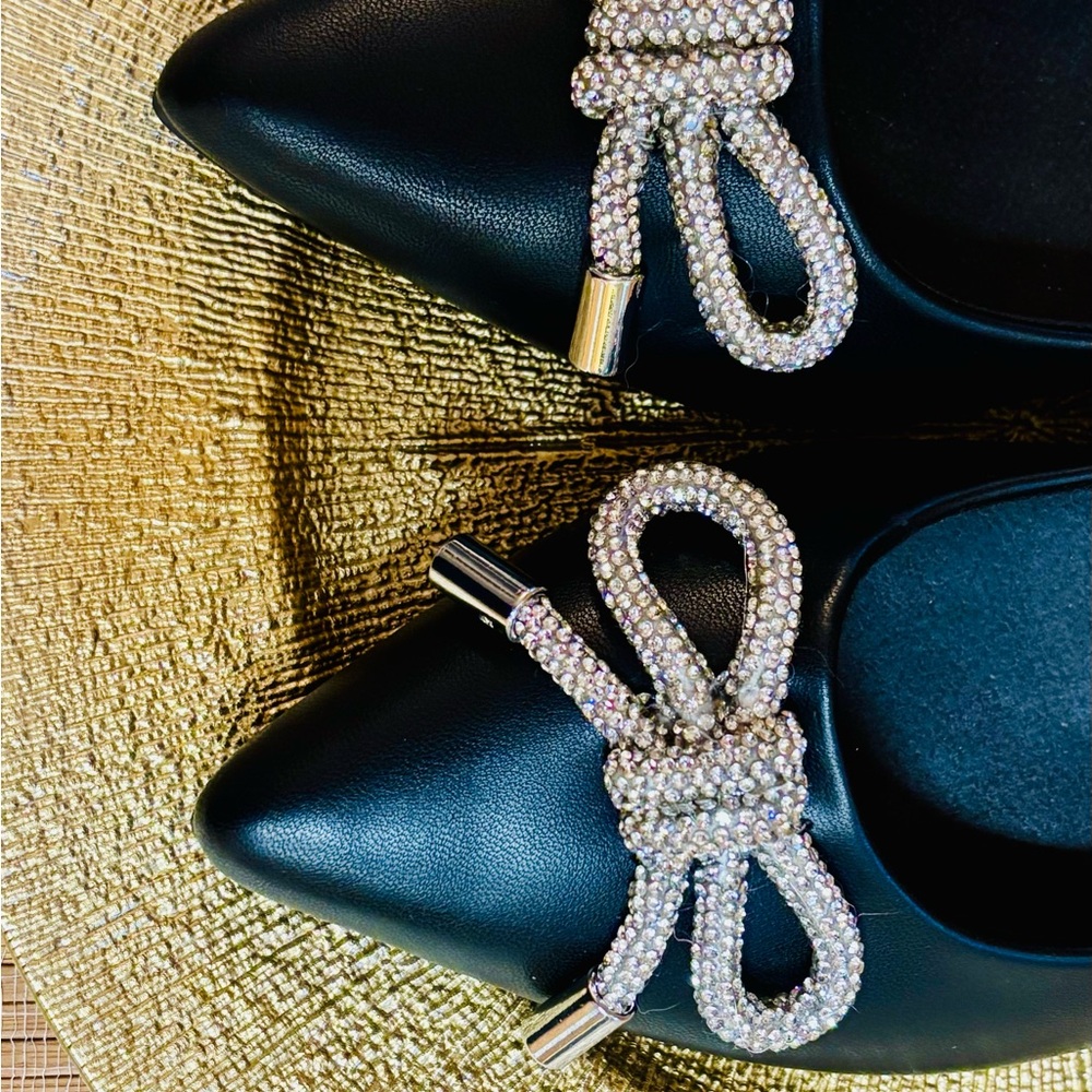 SM New York pointed toe silver bow black ballerina flats shoes - Picture 3 of 7